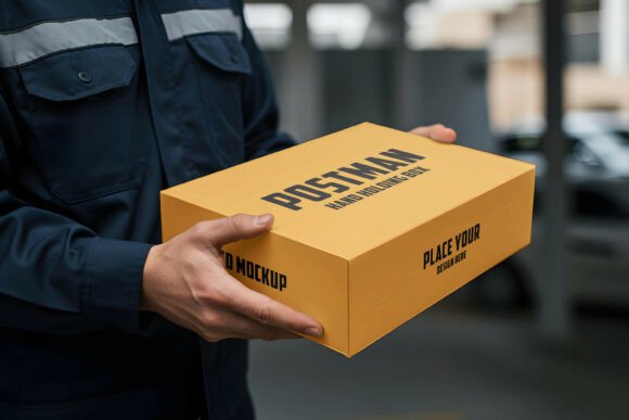 Postman Hand Holding Box Mockup